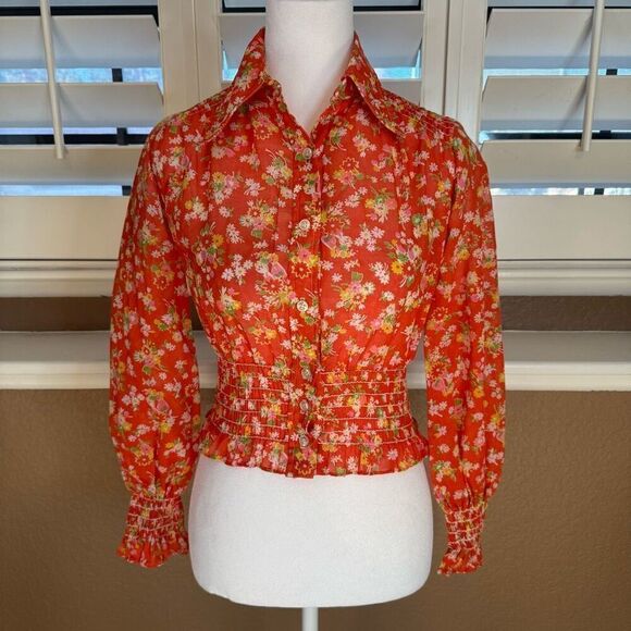 Vintage Gordon Peters Size 5 Smocked Floral Crop Blouse Orange Retro Semi Sheer - Picture 1 of 9